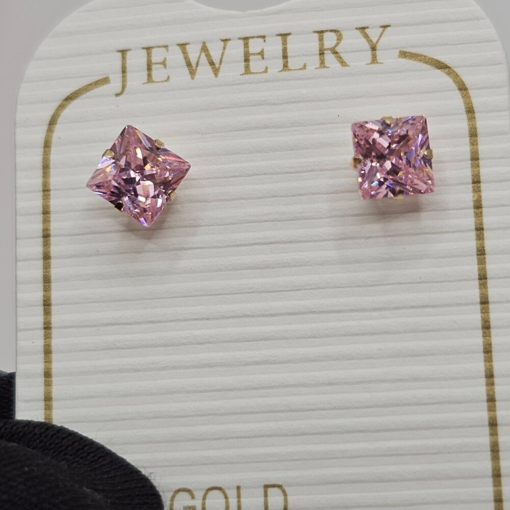 14KT Gold Square Pink Cubic Zirconia Screw Back Stud Earrings 4mm - Picture 7 of 10